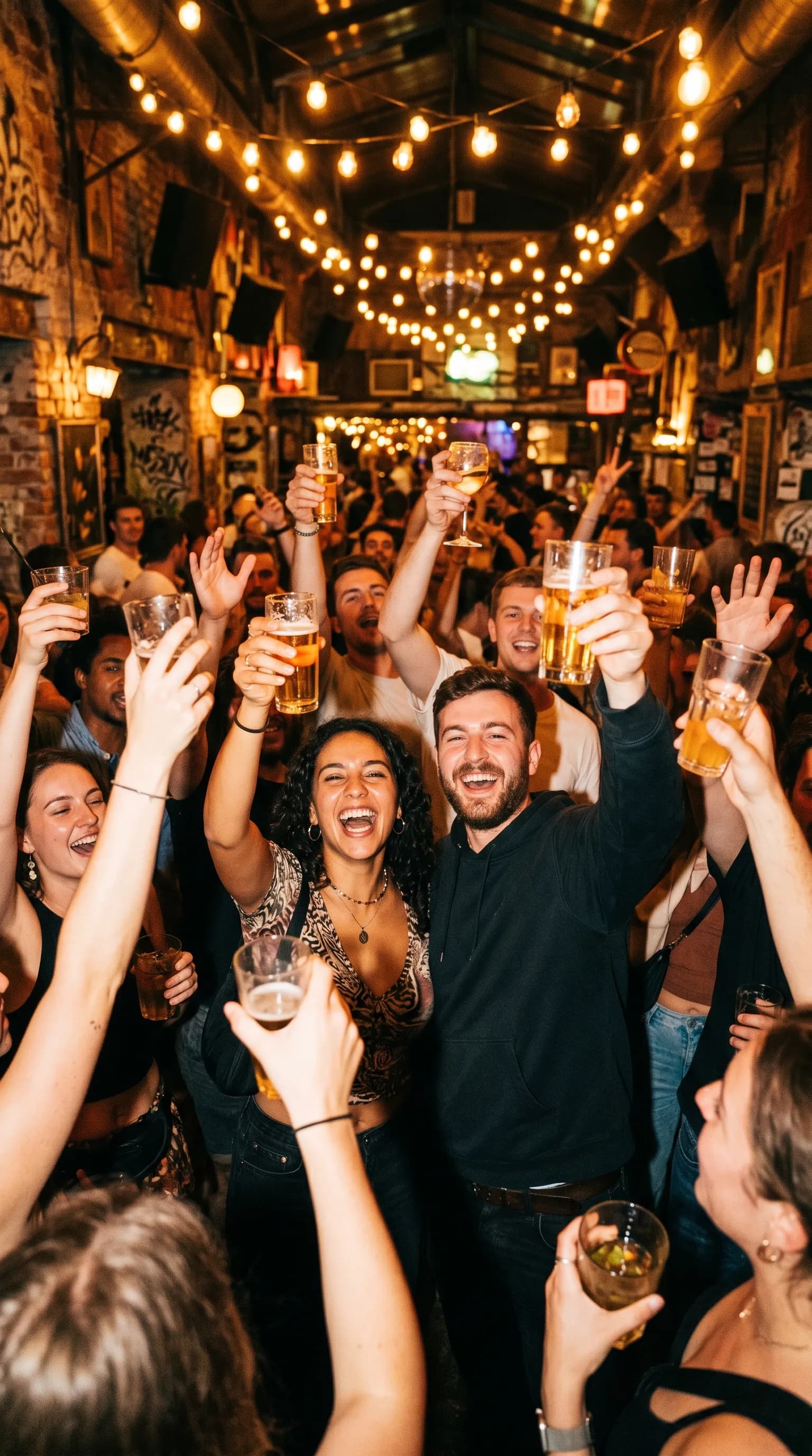 A euphoric crowd of young travellers raising drinks together under club light in a Budapest ruin bar